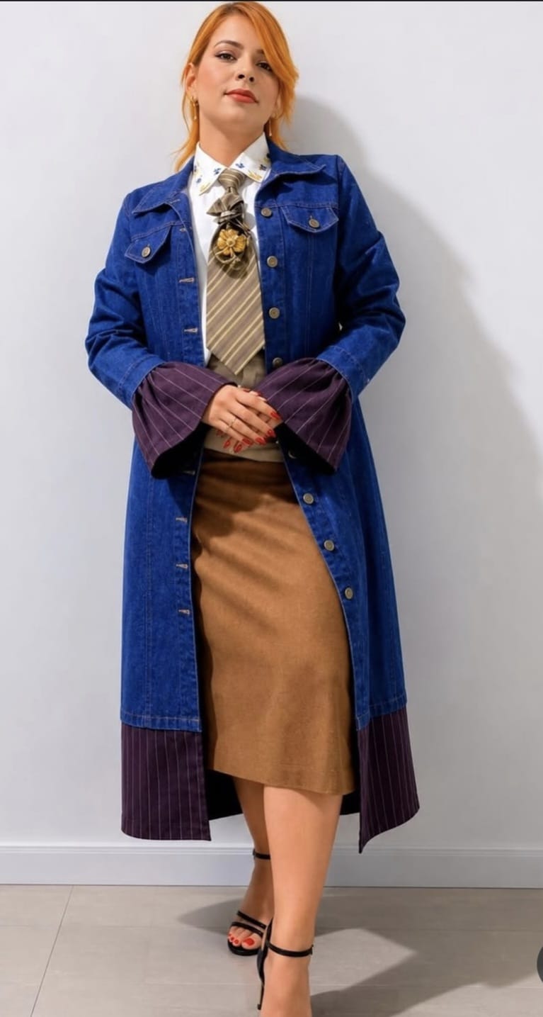 Casaco longo jeans mix de tecidos PennAtelier